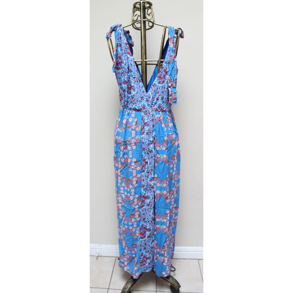 Sandro Blue Floral Tie Plunging Slit Short Long Summer Dress Size 40/Large - Picture 5 of 7